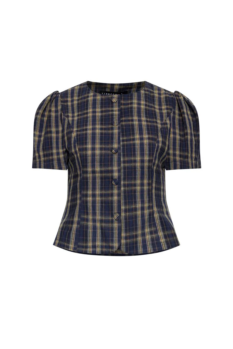 FEMME BLOUSE - NAVY LEMON PLAID - Image 6